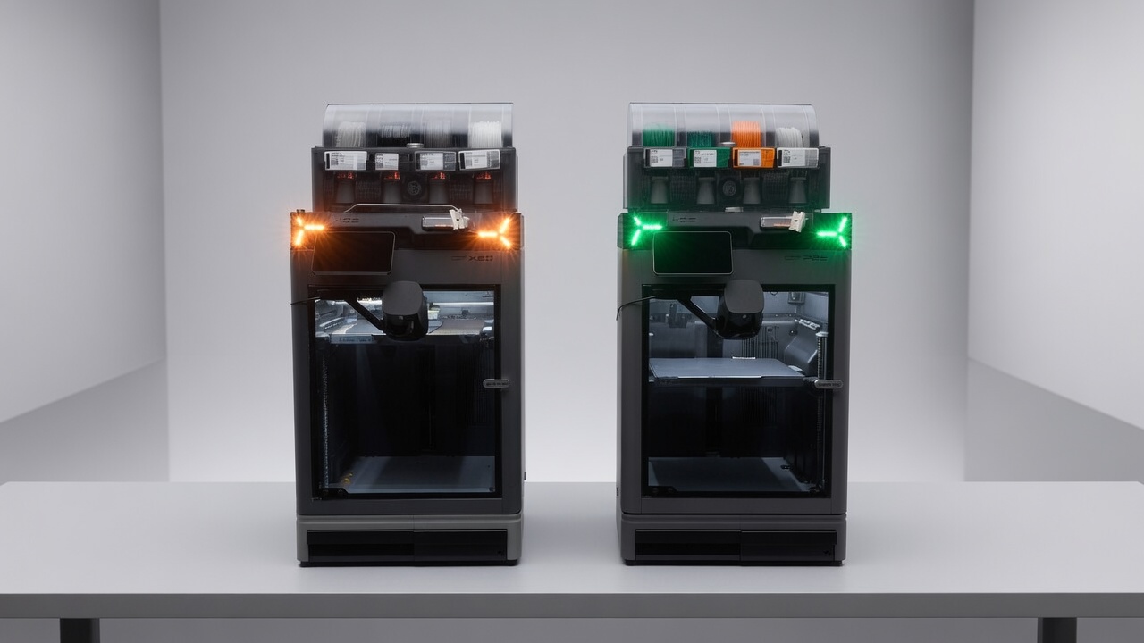Our X2D and P2S side by side, each wearing the riser we designed